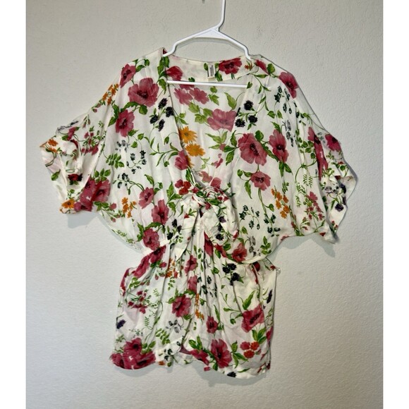 Under Protection Romper Women M Floral Print Short Sleeve V-neck Tie Front Boho - Picture 6 of 9